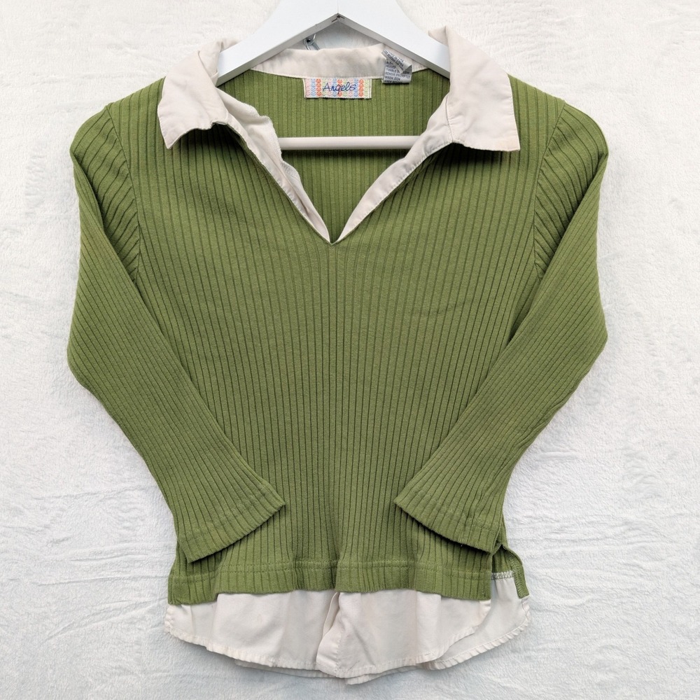 VTG Angels Sweater Women's Medium Green Ribbed V-Neck Twee Preppy McBling Y2K